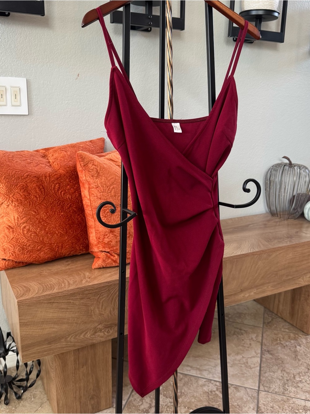 Women's Burgundy Wrap-Style Spaghetti Strap Dress